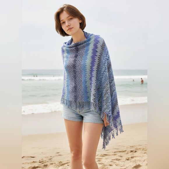 Auth NWOT Missoni Orange Label Zig Zag Chevron Stripe Cropped Poncho Wrap Shawl - Picture 13 of 13